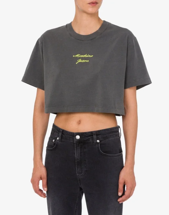 Embroidered cotton jersey crop top