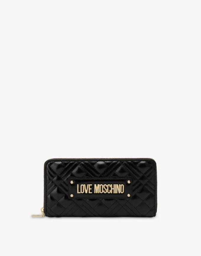 Quilted zip around wallet with logo embroidery