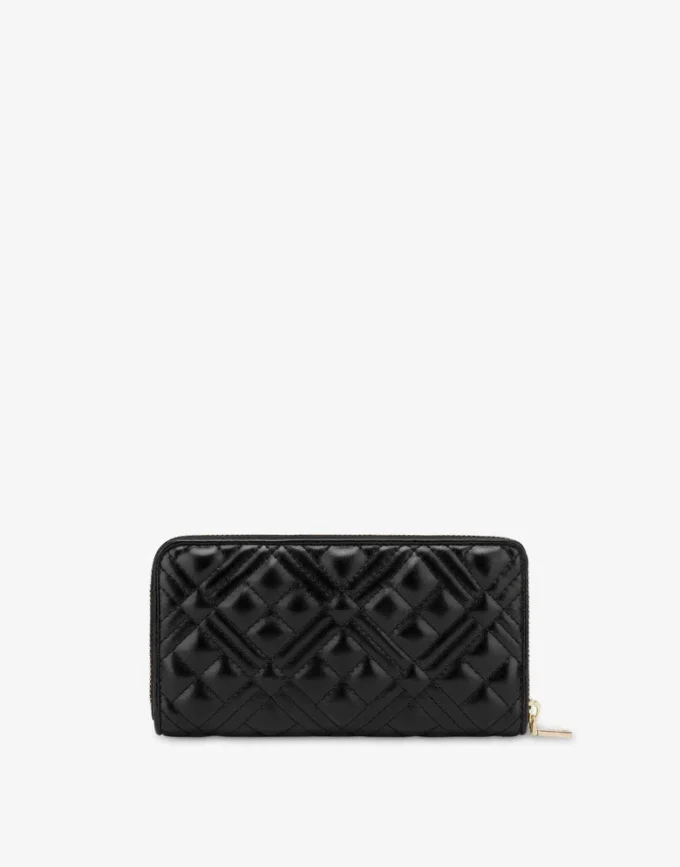 Quilted zip around wallet with logo embroidery