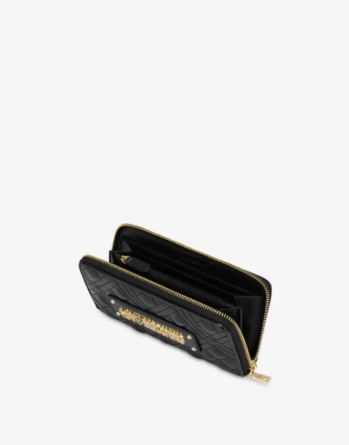 Quilted zip around wallet with logo embroidery